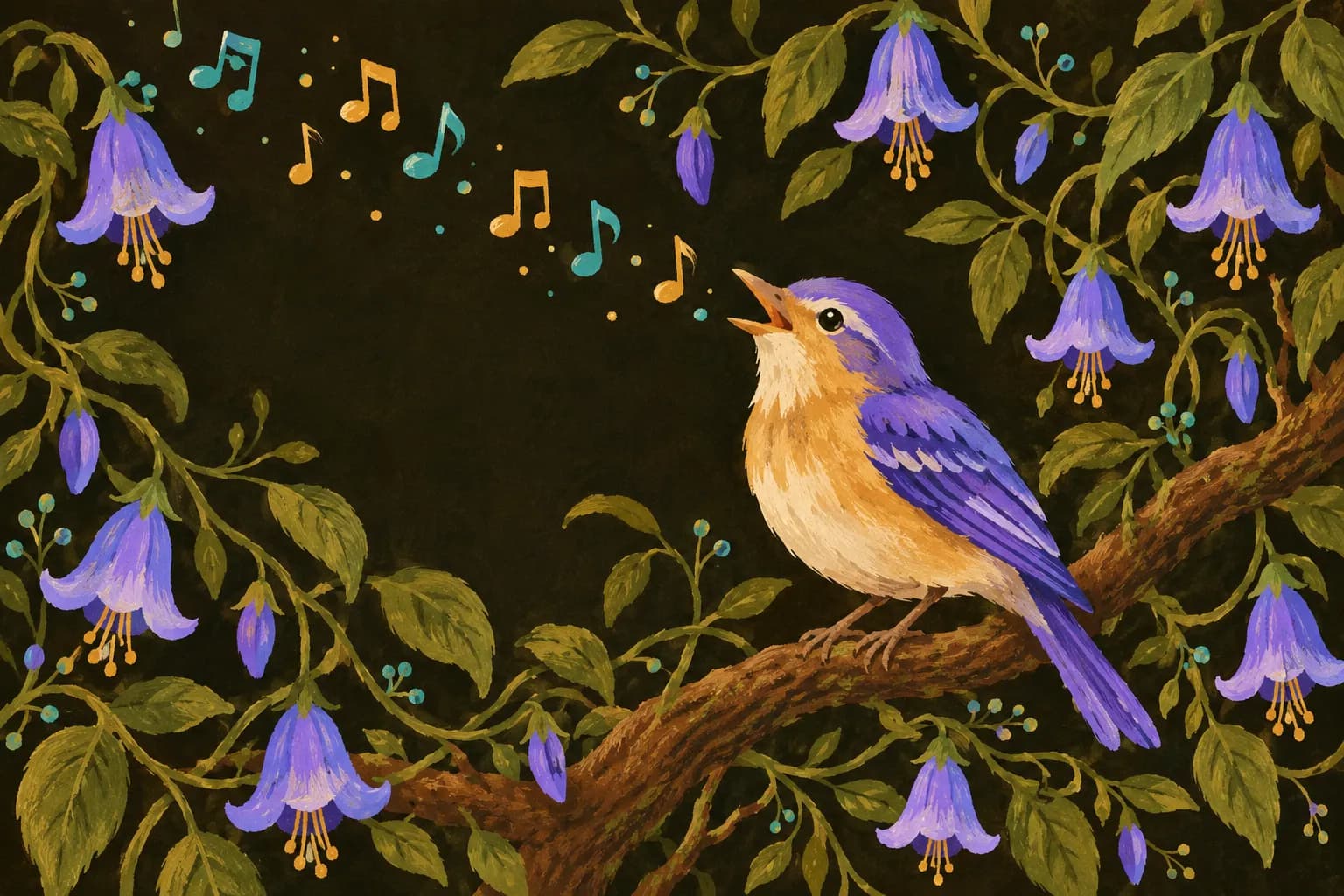 A painted songbird singing on a branch among violet bell flowers, music notes rising from its beak